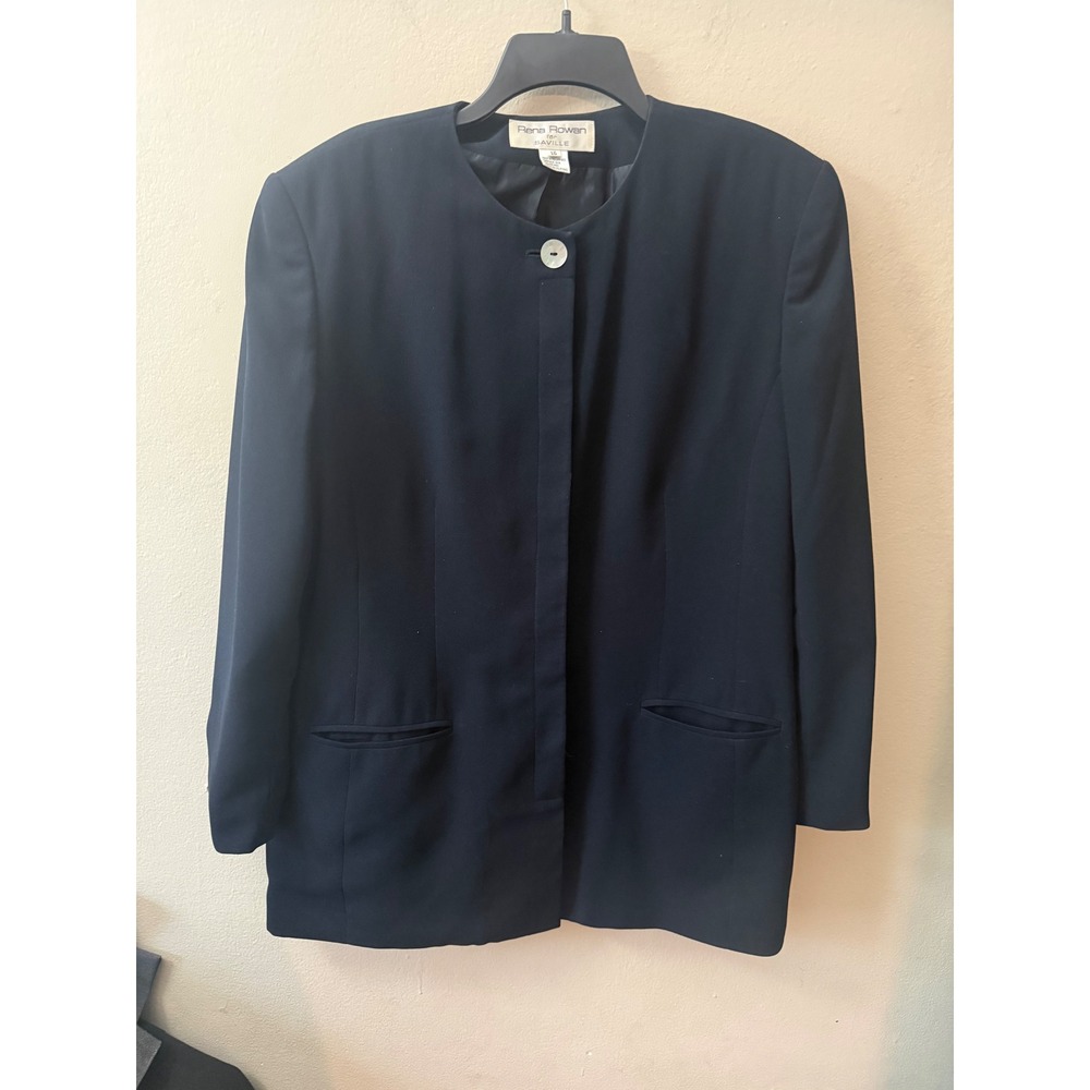 Rena Rowan for Saville Navy Blue Collarless Blazer Jacket Size 16 Longline Coat